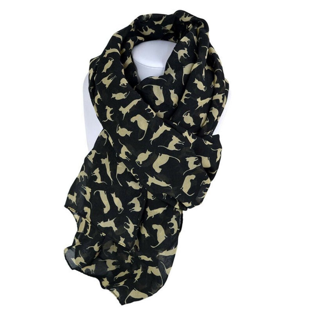 Chiffon Scarf Black with Tan Cats